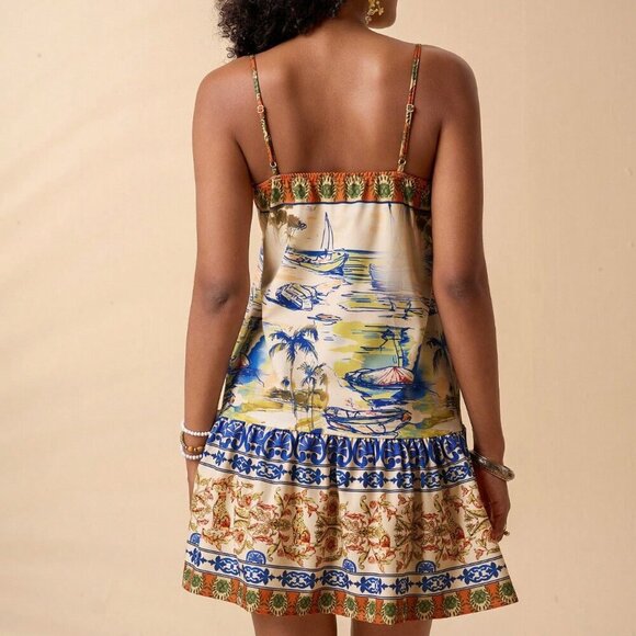 Multicolor Boho Women's Resort Ruffled Hem Spaghetti Strap Tropical Print Dress - Picture 2 of 7